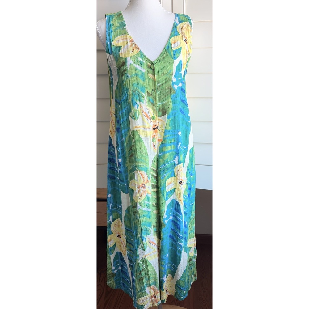 VTG Jams World Shirt Dress M 100% Rayon Tropical Banana Leaf Made USA Tank READ
